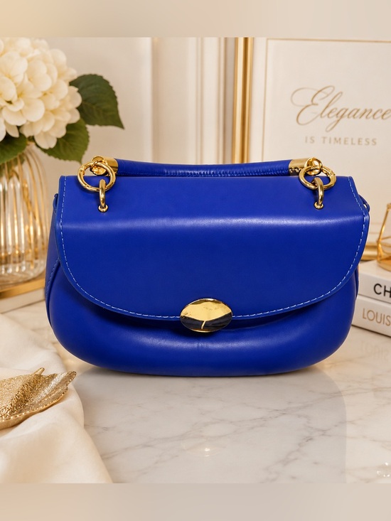 Handbags - Royal Blue and Gold Crossbody Bag with Structured Design (#0155)